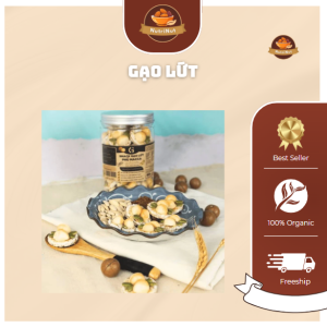 Snack gạo lứt phủ macca GUfoods (Hũ 200g) - Topping siêu hạt, Giòn rụm, Thơm bùi, Giàu dinh dưỡng, Healthy, Eat clean, Thuần chay